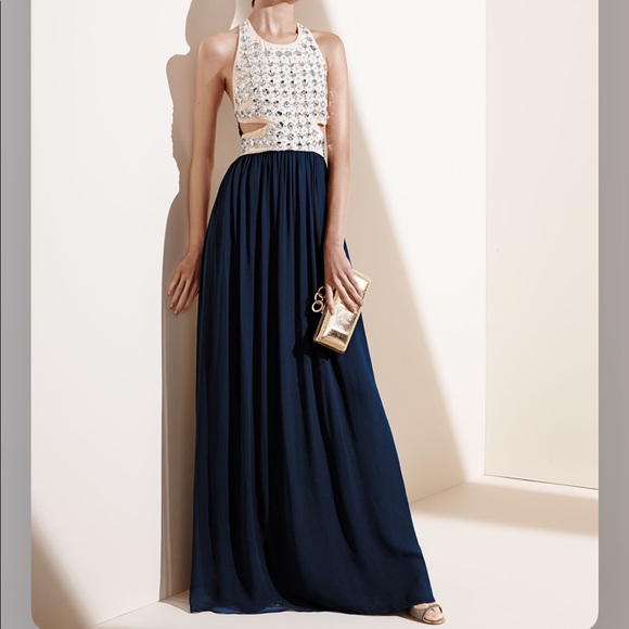 DVF Gidget Crystal Stud Long Dress - BLACK & CREAM - Picture 1 of 16